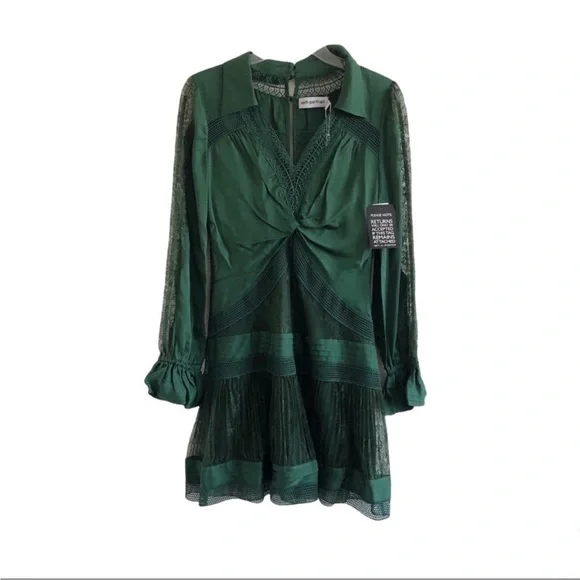 Self Portrait Green Fine Lace Trim Long Sleeve Mini Dress NWT